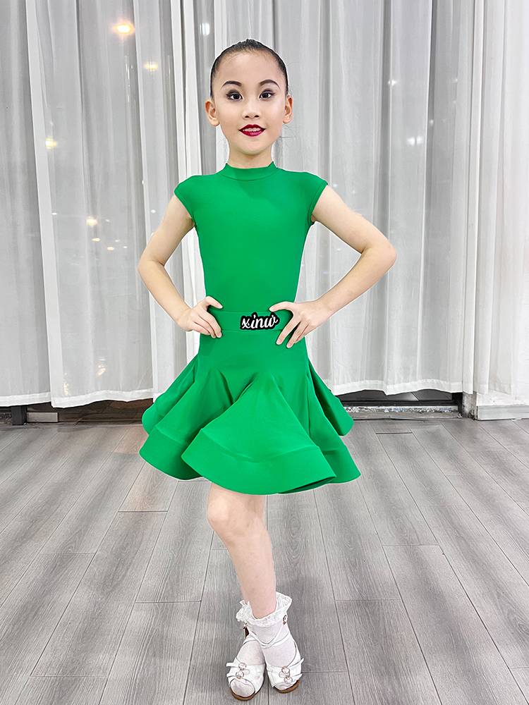 XINW Latin Dance Children's Performance Service High -end Competition Standard Dance Summer New Big Skirt Girl Short Sleeve