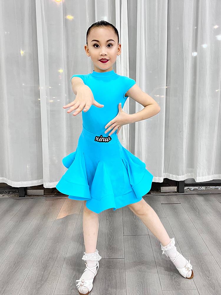 XINW Latin Dance Children's Performance Service High -end Competition Standard Dance Summer New Big Skirt Girl Short Sleeve