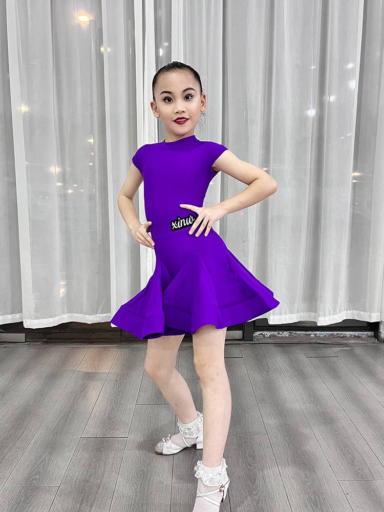 XINW Latin Dance Children's Performance Service High -end Competition Standard Dance Summer New Big Skirt Girl Short Sleeve