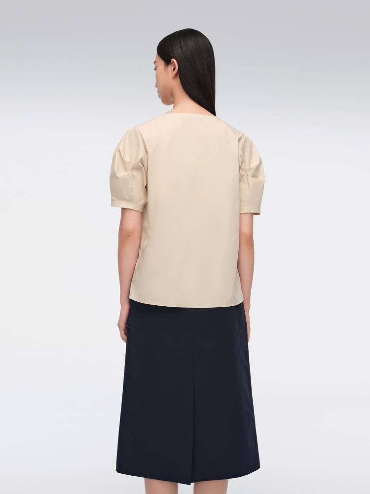 OVV2024 spring and summer new women's air washing Morrum cotton V -neck bubble sleeve short sleeve hooded shirt