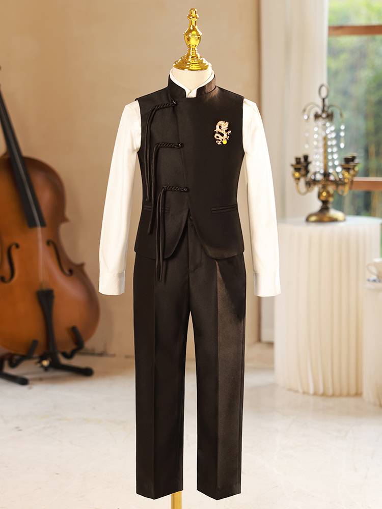 Boys Chinese suit vest host dresses, children's suit horse clip summer new piano performance clothes