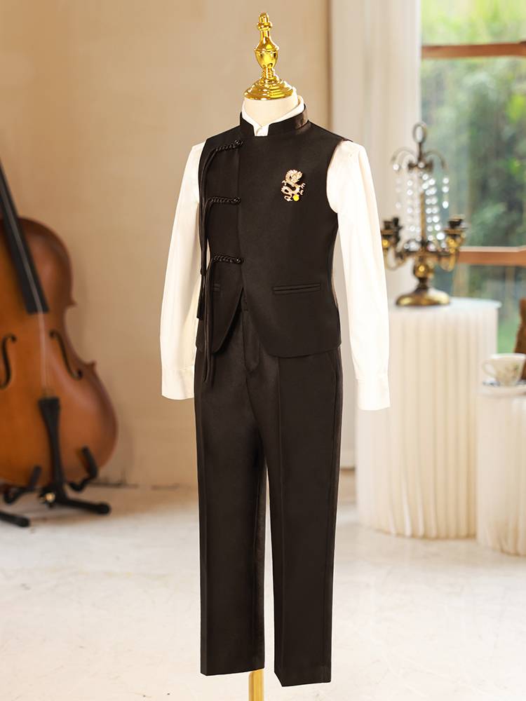 Boys Chinese suit vest host dresses, children's suit horse clip summer new piano performance clothes