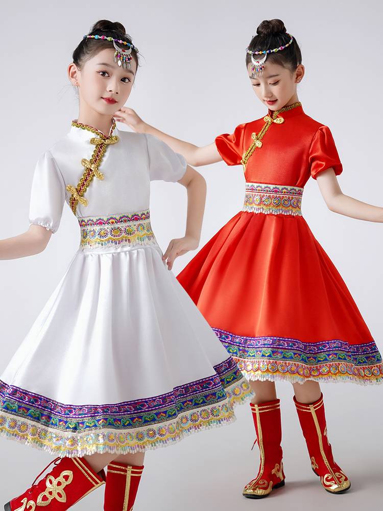 Children's Mongolian clothing clan chopstick dance performance service female white horse national costumes Mongolian robe girl Mongolian clothing