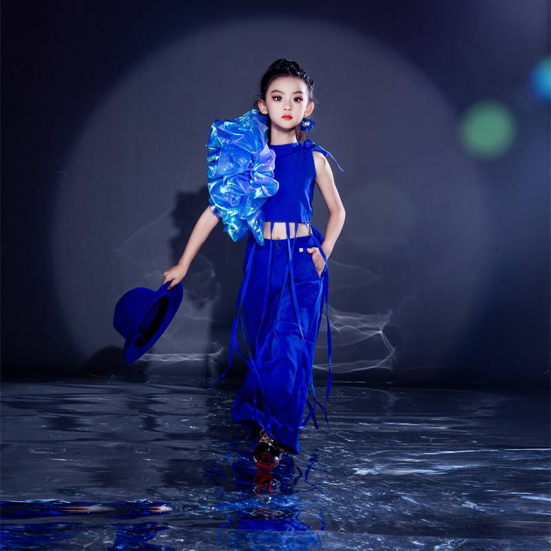 Girls' Walking Tide Clothing Creative Blue and Green West Pants Set Modern catwalk model Liuyi Padamine