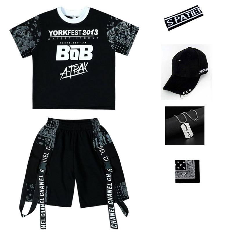 Black shorts + black shorts + caps + necklace + headband + scarf