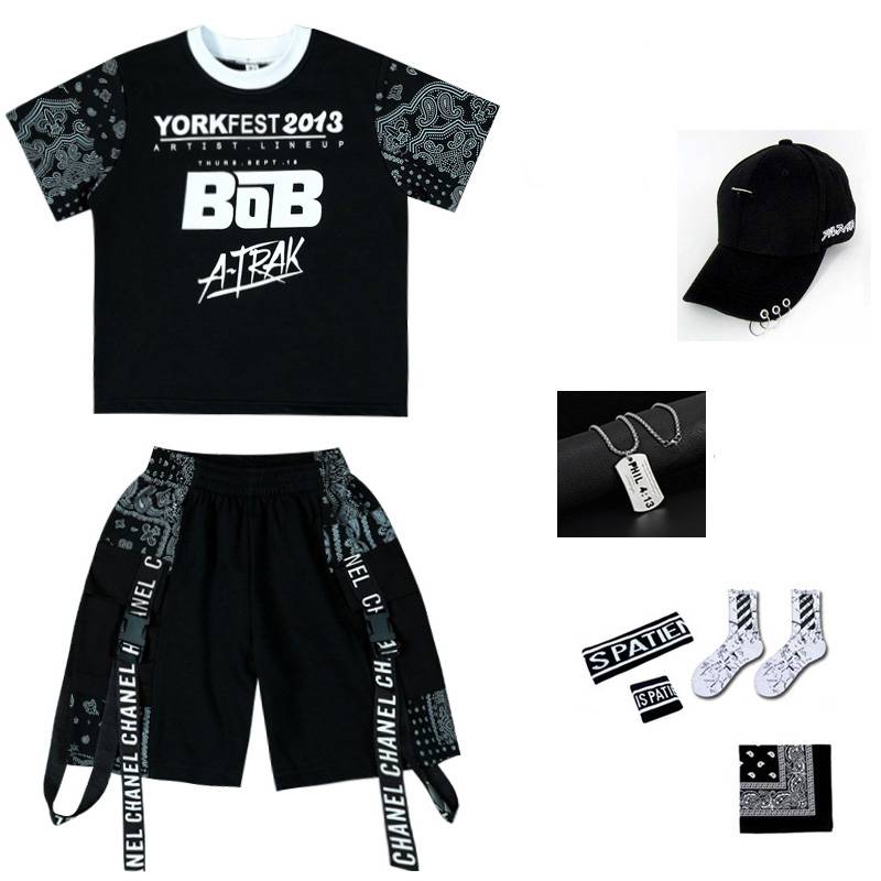 Black short sleeve + black shorts + caps + necklace + headband + wrist + socks + scarf