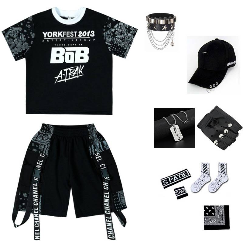 Black short sleeves + black shorts + caps + collars + headbands + wrists + socks + scarf + gloves + one bracelet