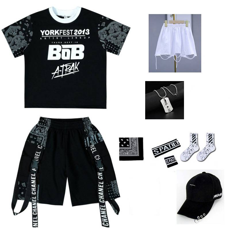 Black short sleeves + black shorts + white rags + caps + necklaces + wrists + socks + scarf