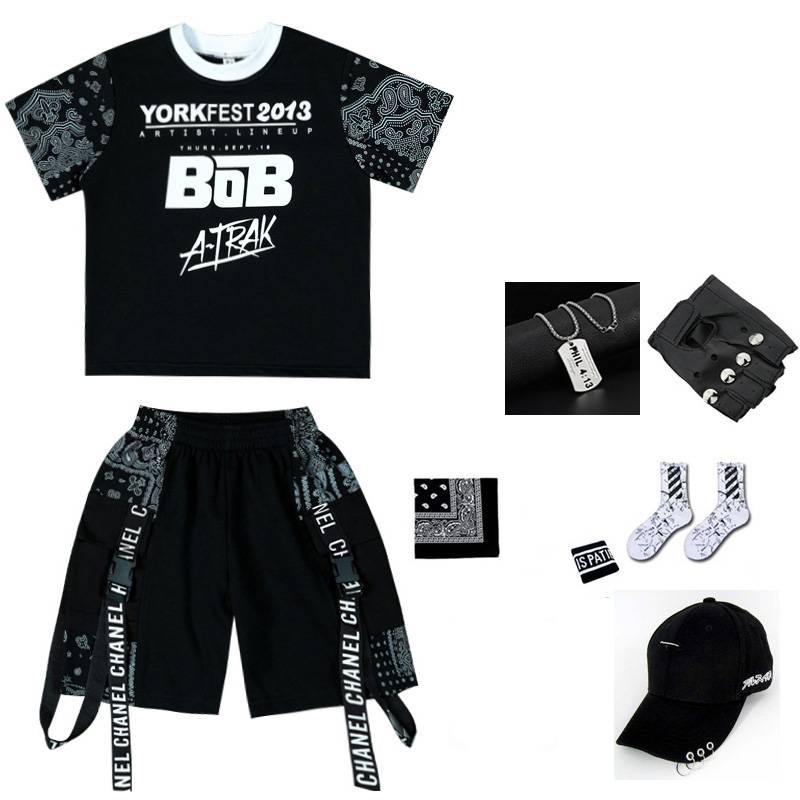 Black shorts + black shorts + caps + necklace + scarf + gloves + wrists + socks