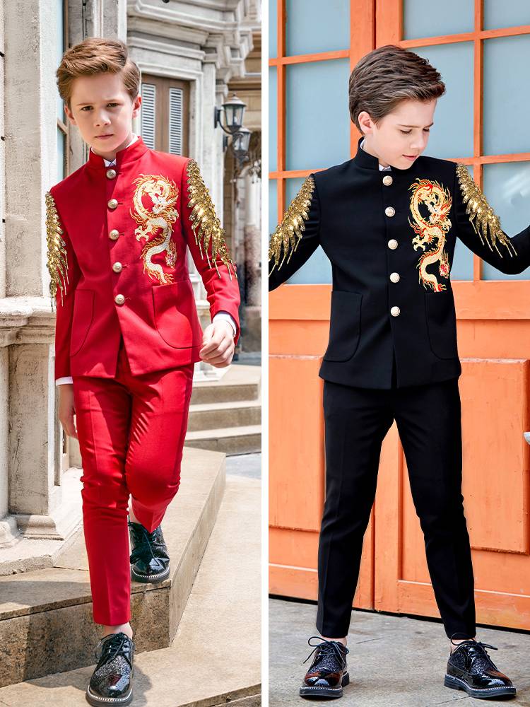Children's dress Chinese stand -up collar embroidered dragon dress piano performance service children's suit suit boys host performance clothes