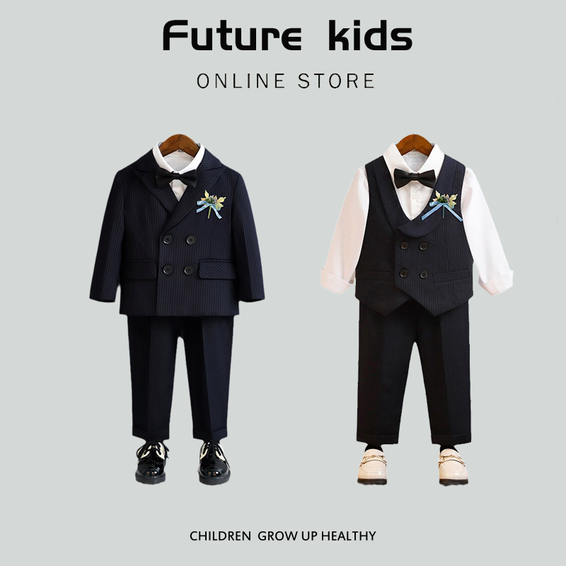 Summer boy small suit strap pants set black British style host Little suit wedding flower girl little dress