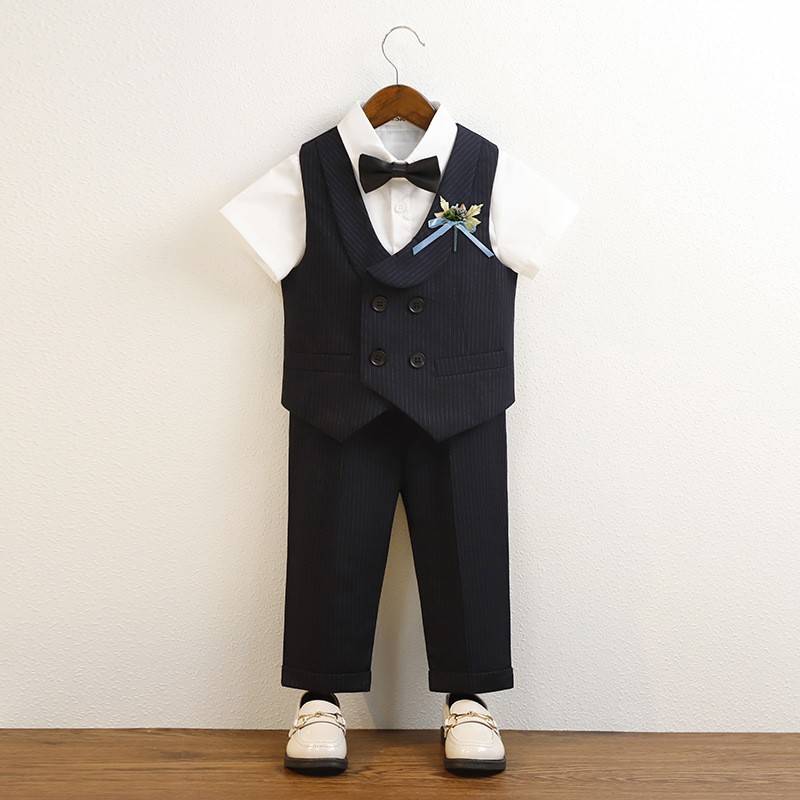 Summer boy small suit strap pants set black British style host Little suit wedding flower girl little dress