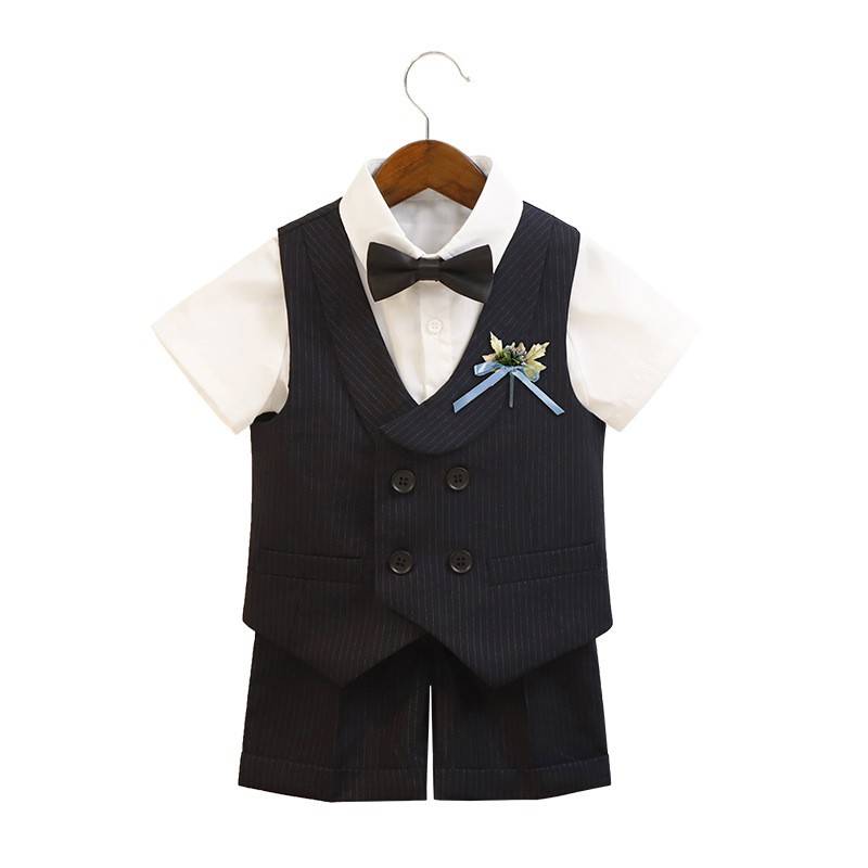 Summer boy small suit strap pants set black British style host Little suit wedding flower girl little dress