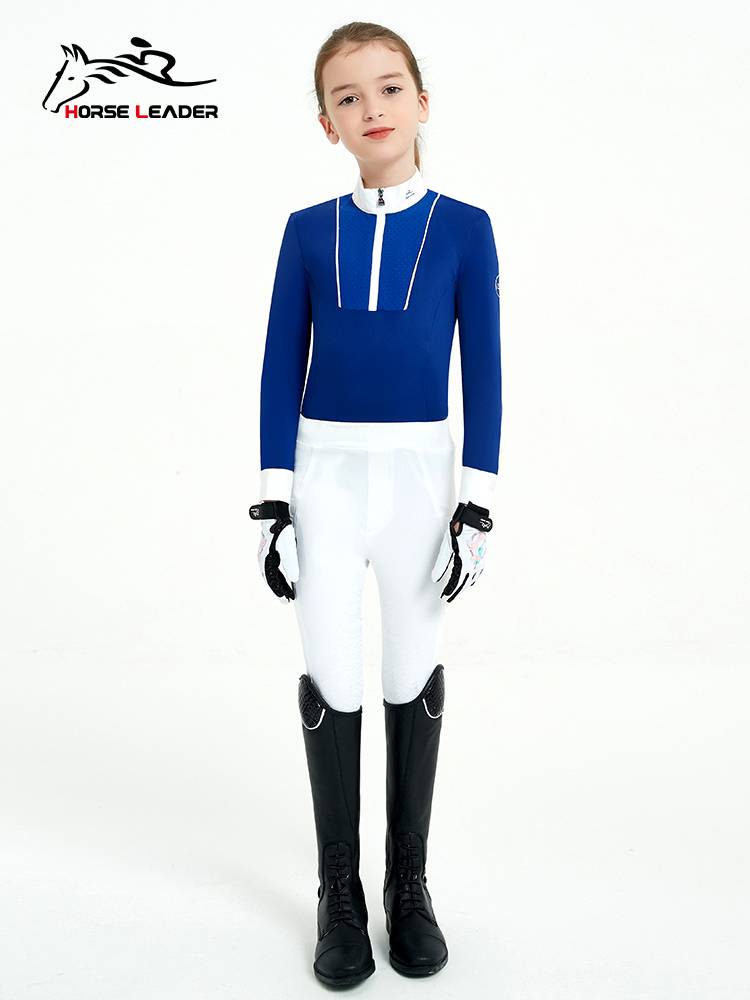 HorseLeader spring and summer children's equestrian equipment long -sleeved T -shirt speed puppet art competition test stand -up collar shirt
