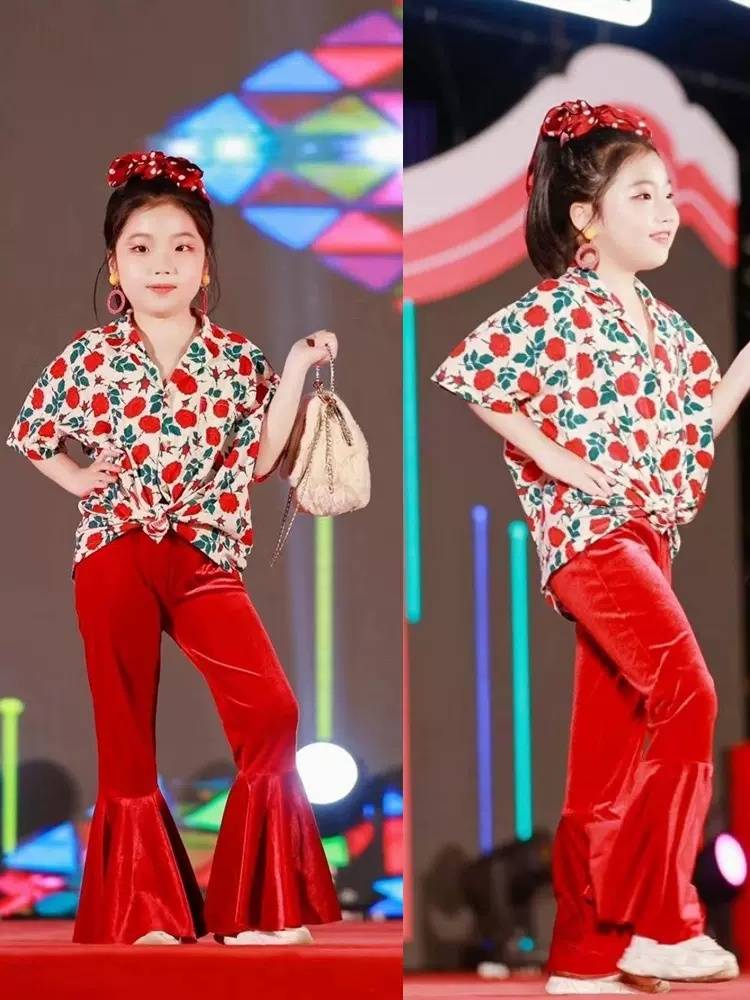 Children's retro Hong Kong style flared pants flower shirt set Kindergarten 8090s theme walk show dance performance service