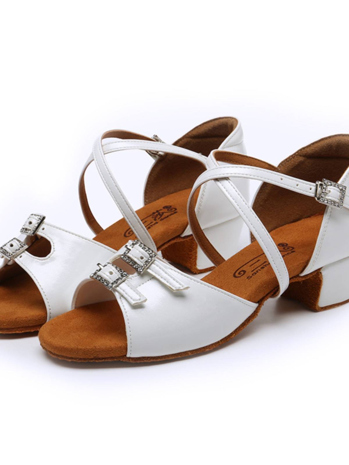 New leather drilling children's Latin dance shoes Children high -heeled small white shoes girl white dance practice shoes