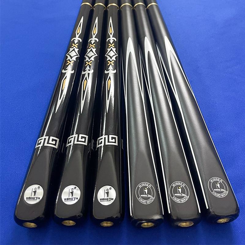 Huong Jie pool pole, small head, medium black, three-quarters, large, British Snoke pool suit