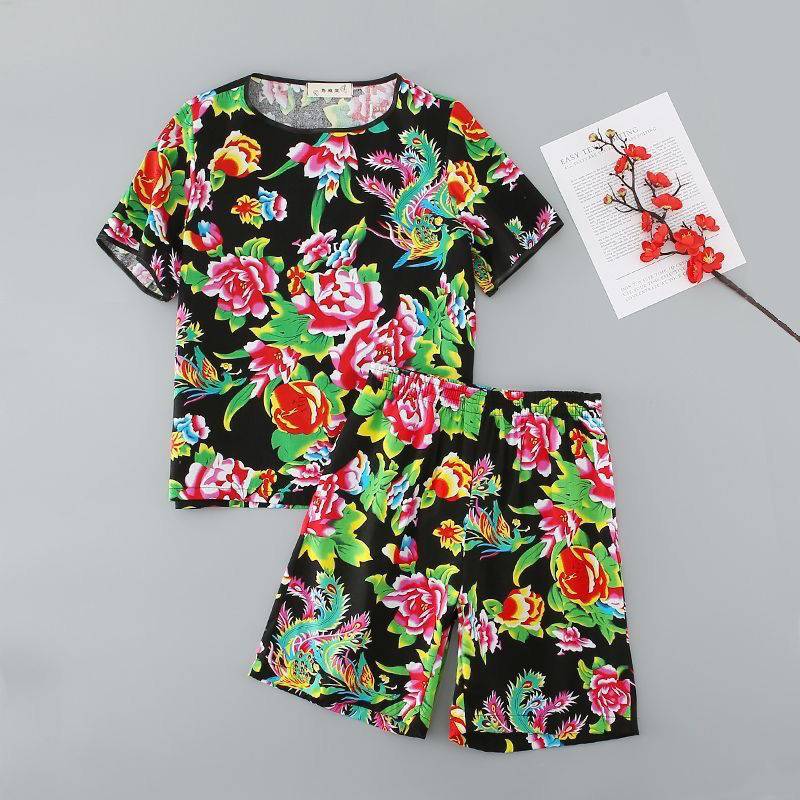 Live -streaming roads, northeast large flower cloth short -sleeved shorts, T -shirts, funny Northeast two people transferring artifacts