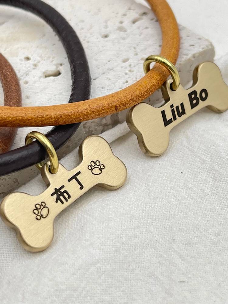 Personality minimalist, solid, solid brass dog brand anti -lost pet identity card laser carving real cowhide collar jewelry