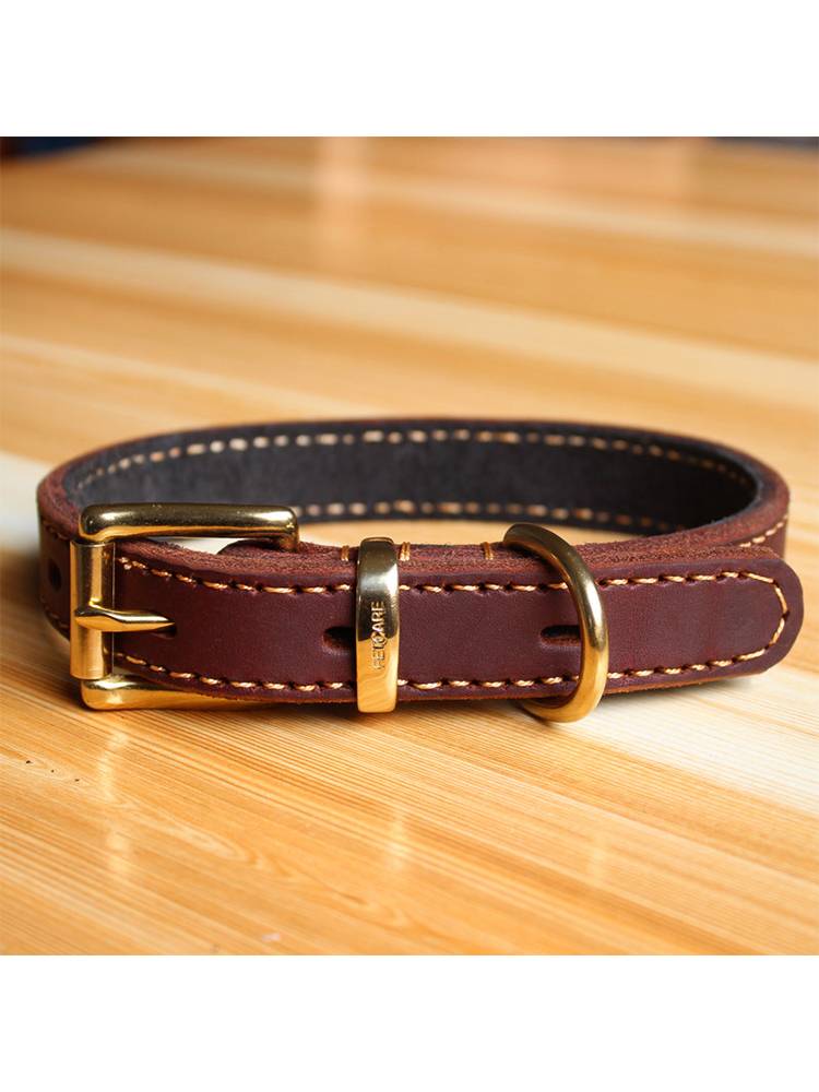 Petcare solid brass buckle header cowhide loop calf leather collar dogs circle neck ring neck dog circle