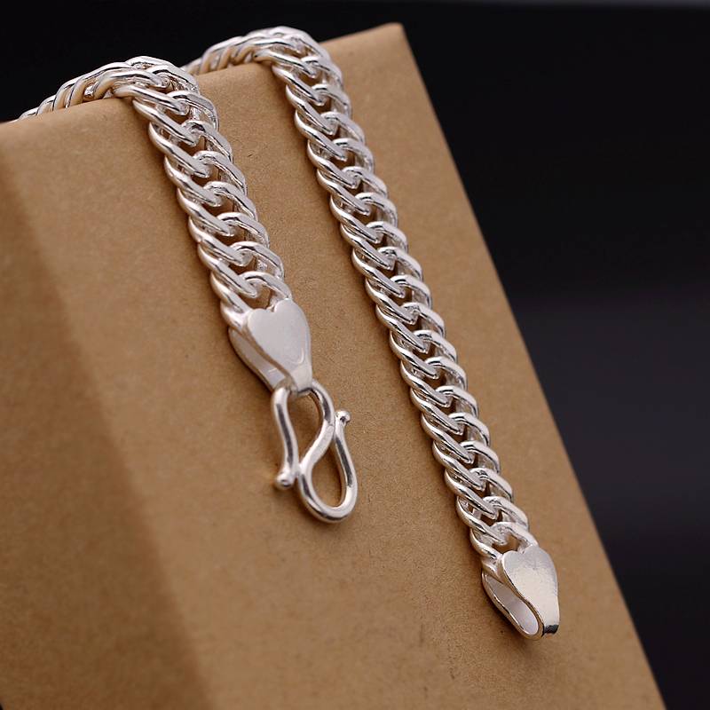 S990 sterling silver men's double flat horse whiping chain fashion coarse bracelet generous manual domineering flat snake chain solid heart