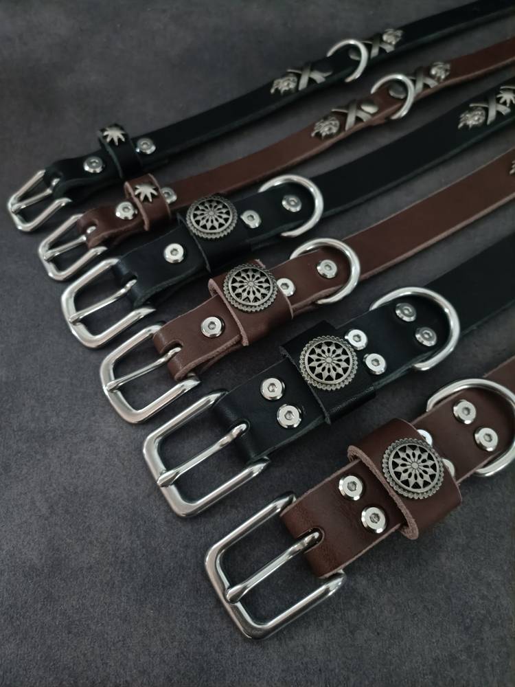 Cowhide dog collar leather walking dog neck, handmade neck rim retro neck vegetable tanned vegetable edge Musch Husky
