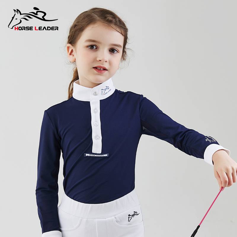 Children's equestrian equipment long -sleeved T -shirts spring and autumn breathable olful equestrian competition standing lead girl knight clothing top