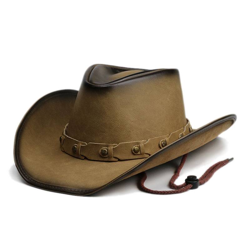 Retro as the old leather men and women, khaki ribbon outdoor sun sunscreen, big eaves riding, American western denim hat