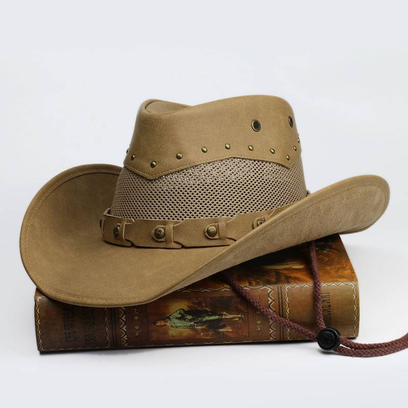 Retro as the old leather men and women, khaki ribbon outdoor sun sunscreen, big eaves riding, American western denim hat