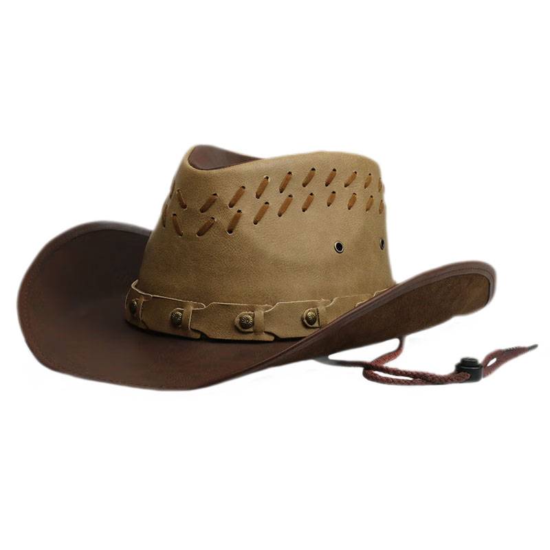 Retro as the old leather men and women, khaki ribbon outdoor sun sunscreen, big eaves riding, American western denim hat