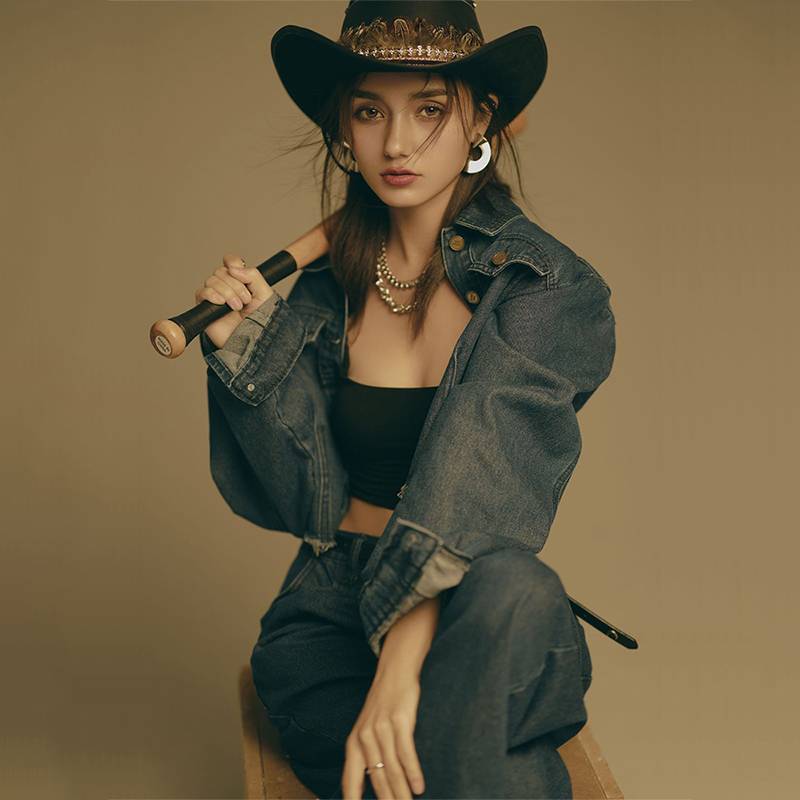 Spring and autumn and winter men and women riding on the western denim hat hats British European and American hats Traveling Sun Hat with windproof rope