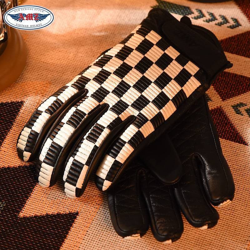AMZ retro motorcycle gloves black and white grid men's and women's locomotive riding cowhide gloves comfortable touch screen four seasons common