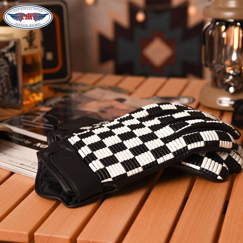 AMZ retro motorcycle gloves black and white grid men's and women's locomotive riding cowhide gloves comfortable touch screen four seasons common