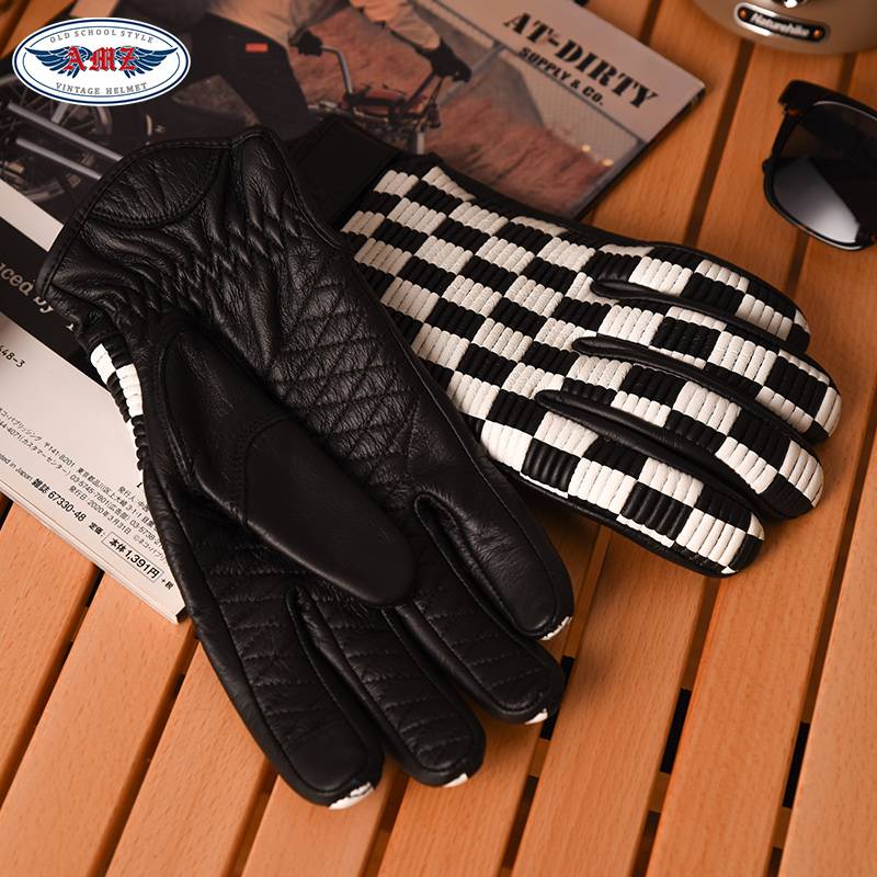 AMZ retro motorcycle gloves black and white grid men's and women's locomotive riding cowhide gloves comfortable touch screen four seasons common