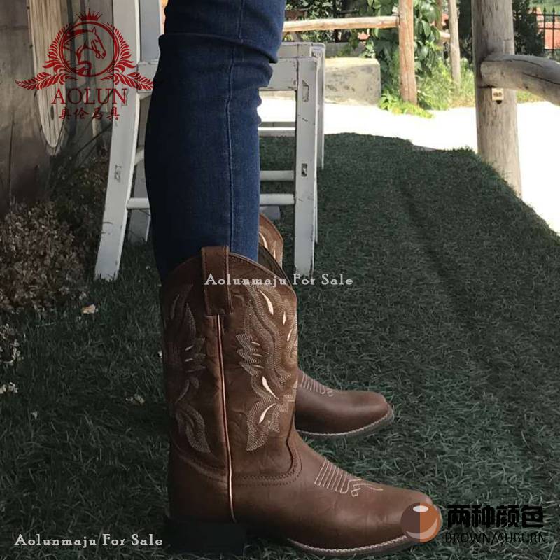 Mid -tube Western denim boots cowhide riding rider boots Olunma Parcete supplies Knights Equipped with western denim horse boots