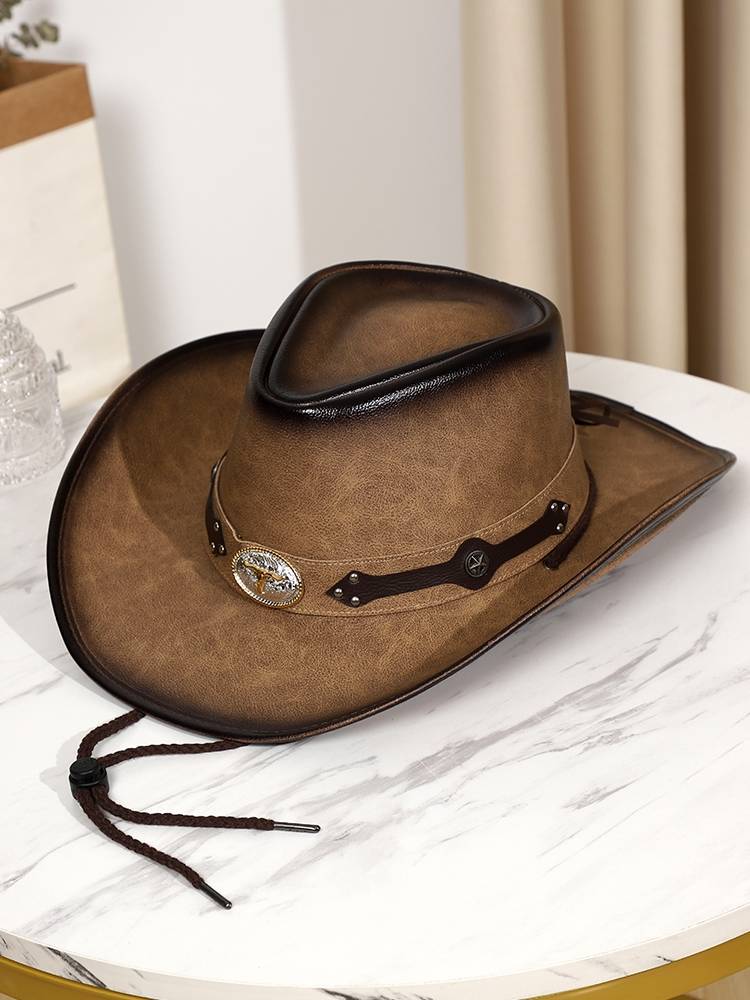 Men and women's retro high -quality leather big eaves big cattle ride on the beach sun sunscreen western denim hat sunshine hats