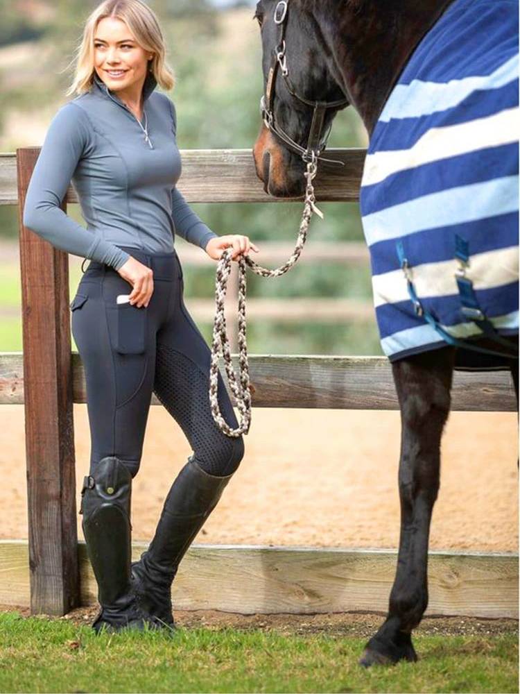 Equestrian clothing women's silicone riding elastic knight clothing tight black trousers quick -drying dark blue broken