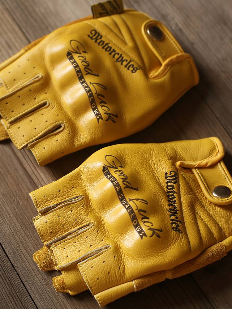 Summer yellow header leather semi -finger locomotive gloves dew fingers outdoor retro leather wear -resistant motorcycle equipment
