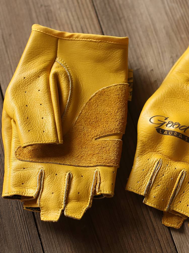 Summer yellow header leather semi -finger locomotive gloves dew fingers outdoor retro leather wear -resistant motorcycle equipment