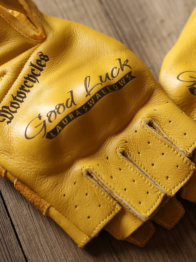 Summer yellow header leather semi -finger locomotive gloves dew fingers outdoor retro leather wear -resistant motorcycle equipment
