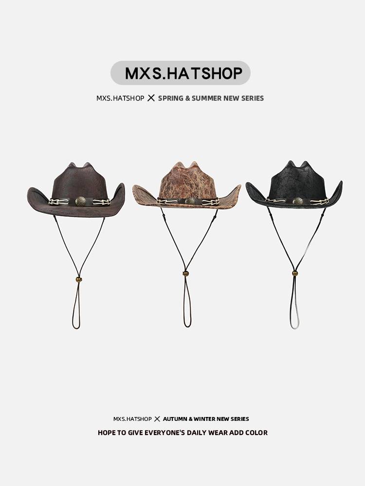 American Western Cowboy Hat Female Personal Personal Tide Cool Solk Girl Sunny Hat Niche Scholata Tie Retro Knight Hat Male Fashion