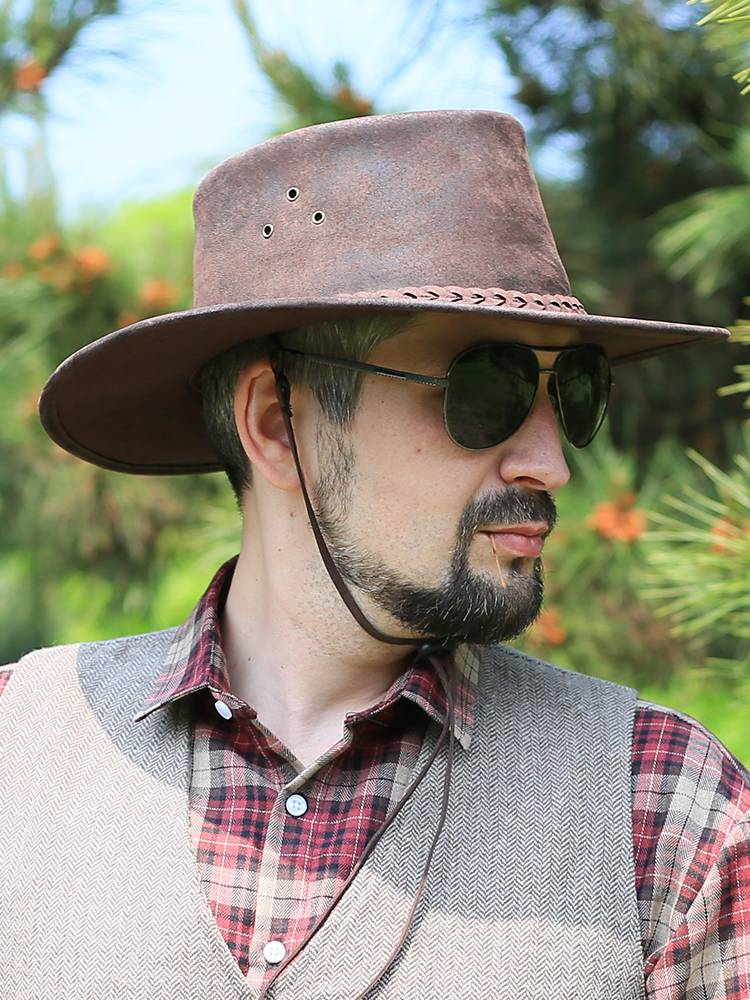 Langge Spring and Autumn Retro Men's Western denim hat Men's leather hat, big head circumference big hat, brim knight hat shading