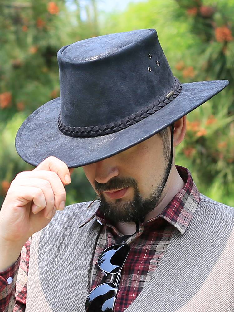 Langge Spring and Autumn Retro Men's Western denim hat Men's leather hat, big head circumference big hat, brim knight hat shading