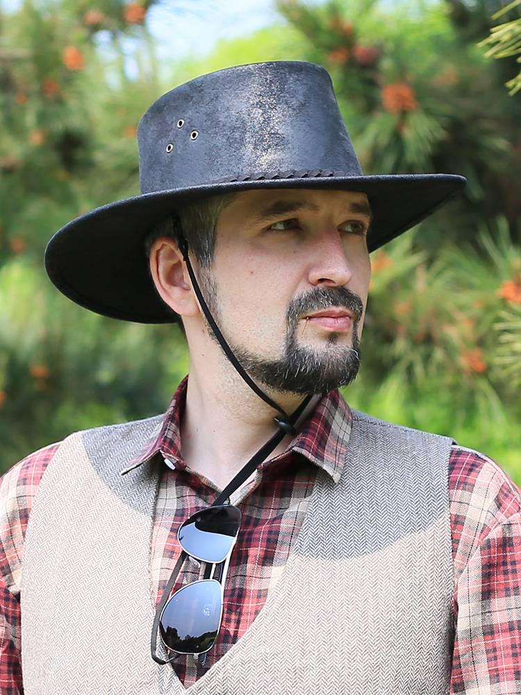 Langge Spring and Autumn Retro Men's Western denim hat Men's leather hat, big head circumference big hat, brim knight hat shading