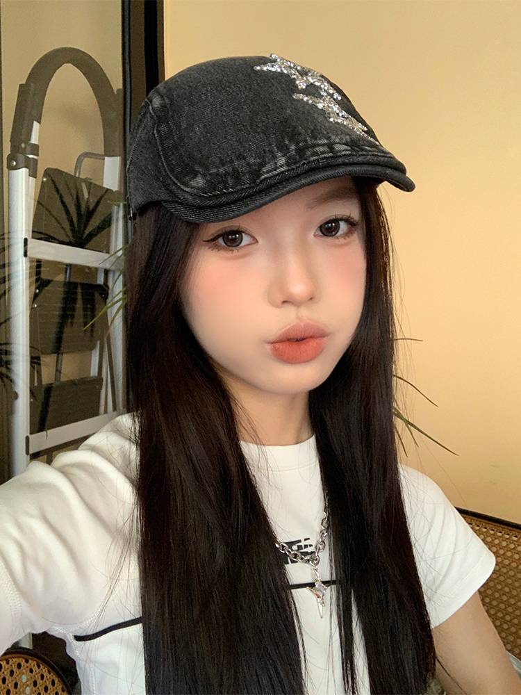 Original old water washing denim star forward hat female retro artist painter hat new peaked shell hat