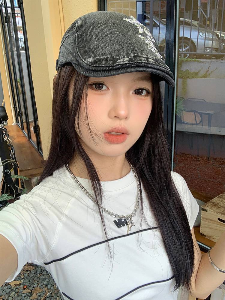 Original old water washing denim star forward hat female retro artist painter hat new peaked shell hat