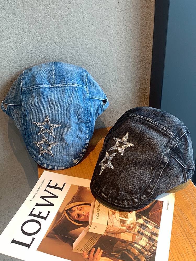 Original old water washing denim star forward hat female retro artist painter hat new peaked shell hat