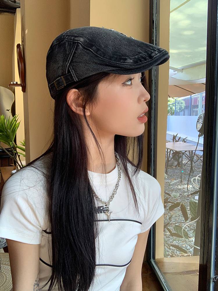 Original old water washing denim star forward hat female retro artist painter hat new peaked shell hat