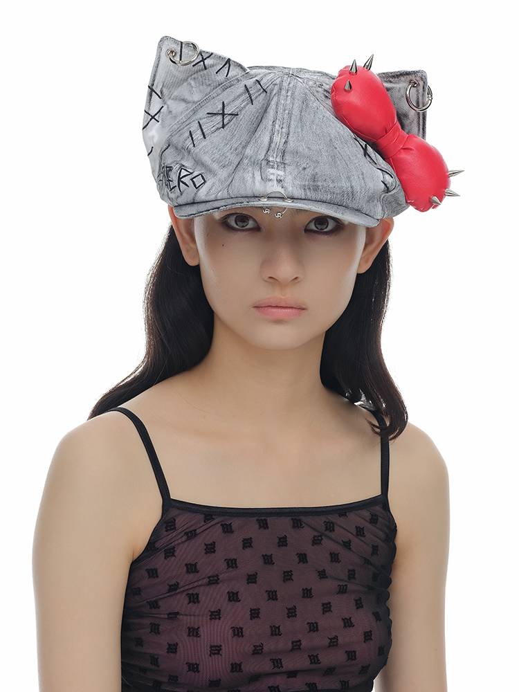 GENZERO "Demon Head Series" Rivet Bows Report Child Beret Hat Cat Hat Kitty Hat Summer