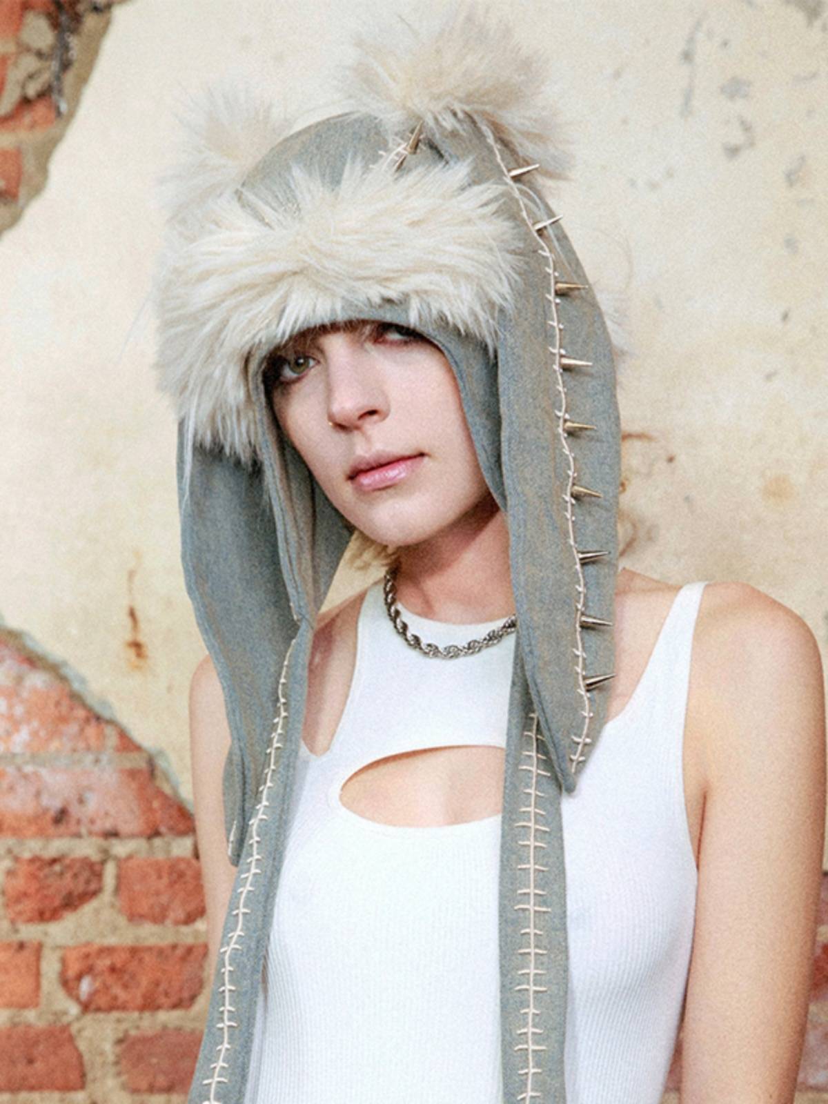 GENZERO "" Strang "series" stars of the same fashion denim rivet plush rabbit ear hat bag cap
